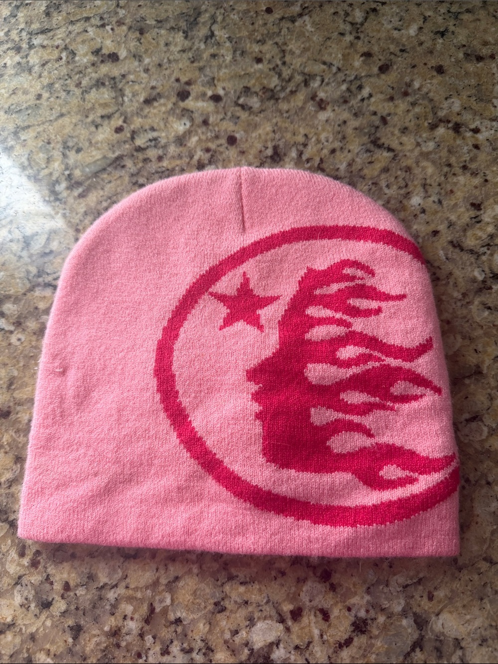 Hellstar Pink Beanie Hat with Red Flame Design